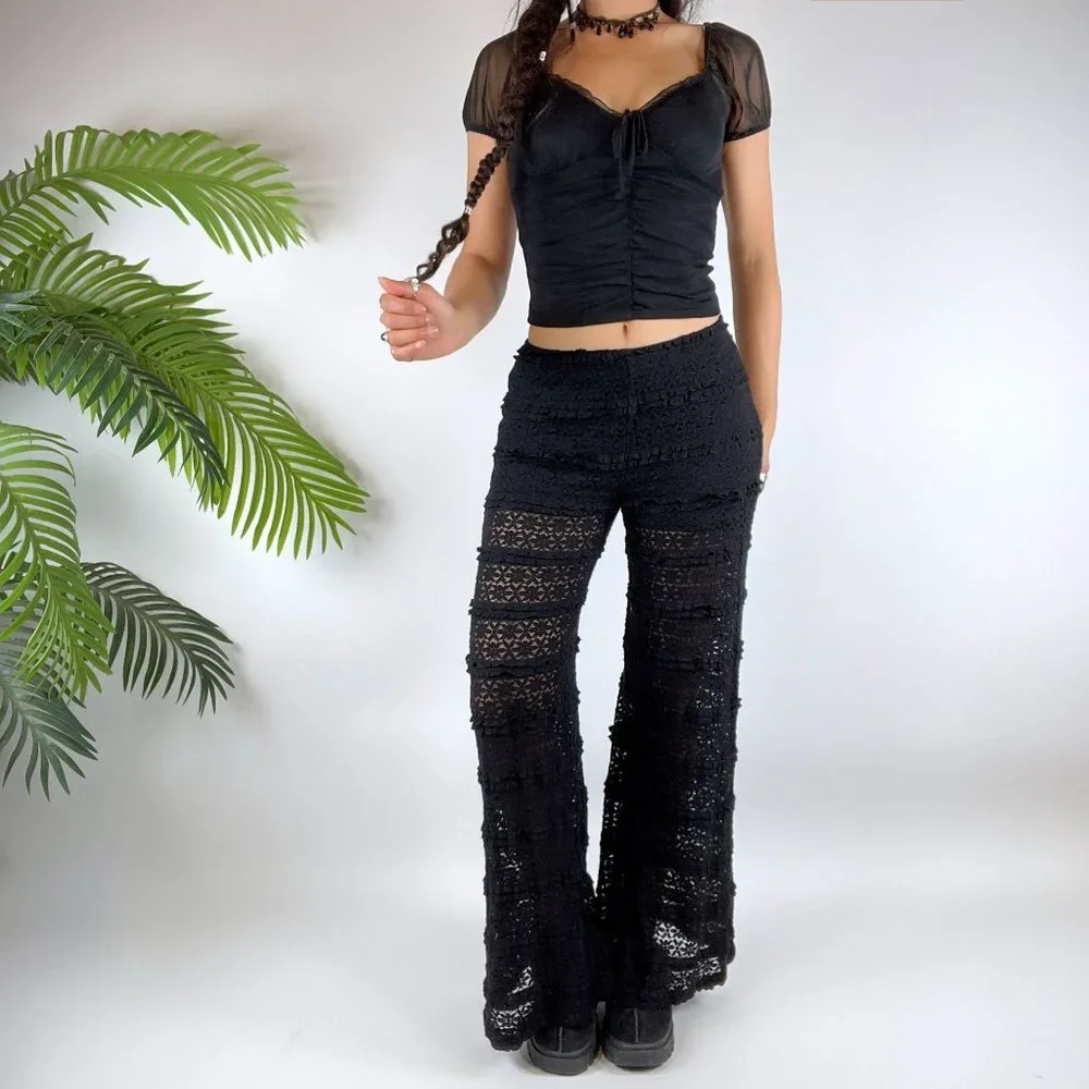 Vintage Y2K Black Lace Whimsigoth Low Rise Flare Fairy Grunge Pants / Size: S - Picture 4 of 6